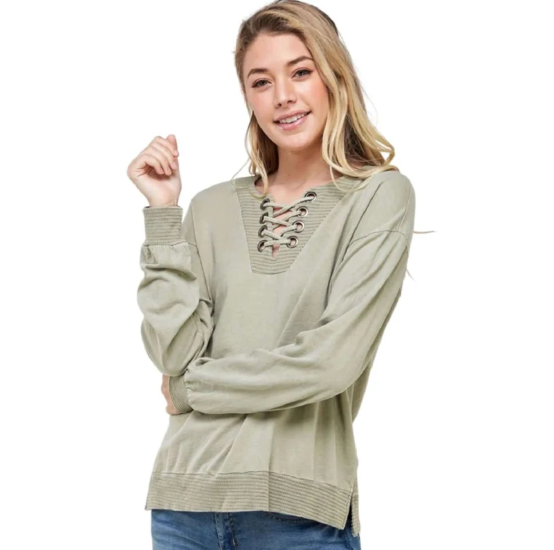 Yoga SweatshirtsLace Up Grommet Detail Sweatshirt Made in USA