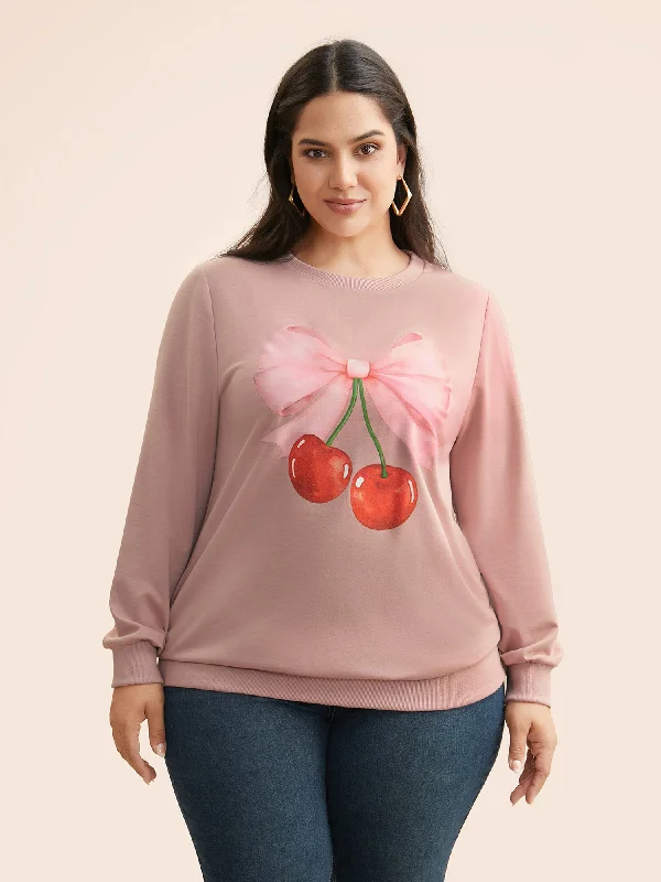 High-Fashion SweatshirtsCrew Neck Bowknot Cherry Print Sweatshirt