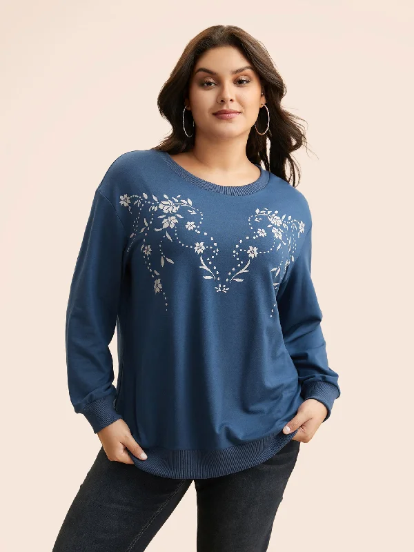 Performance HoodiesFloral Print Drop Shoulder Sleeve Sweatshirt