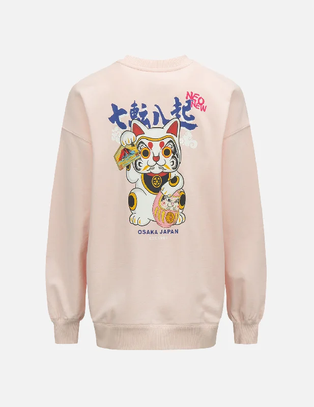 Beaded SweatshirtsFortune Cat and Daruma Print Sweatshirt