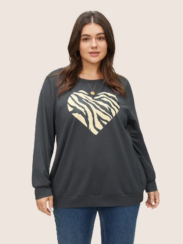 Microfleece HoodiesHeart Pattern Contrast Crew Neck Sweatshirt