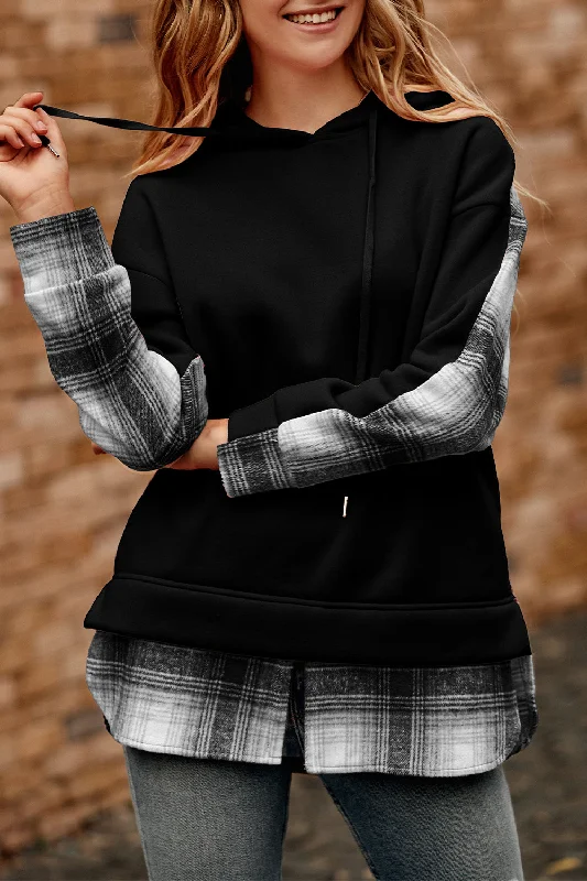 Longline HoodiesColor Block Plaid Patchwork Hooded Sweatshirt