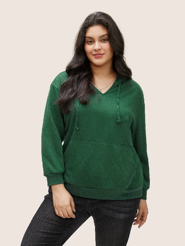 Embroidered SweatshirtsSolid Quilted Kangaroo Pocket Hooded Sweatshirt