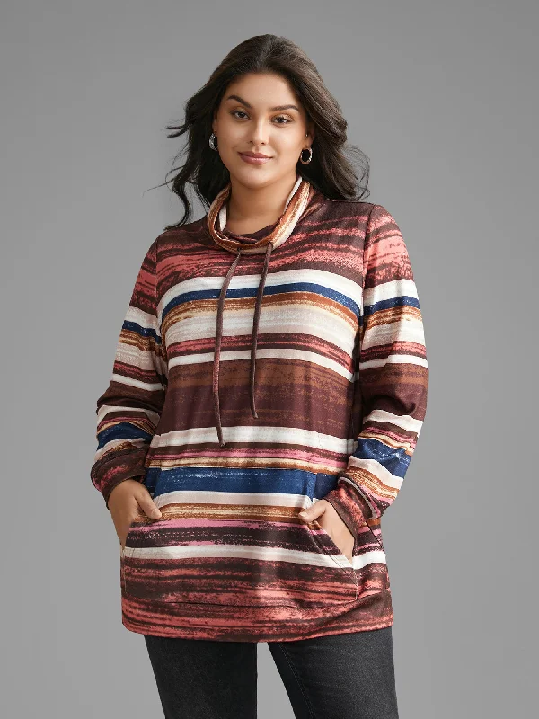 Beaded SweatshirtsStriped Patched Pocket Drawstring Sweatshirt