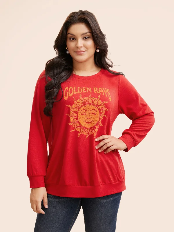 Waterproof HoodiesSun Print Round Neck Sweatshirt