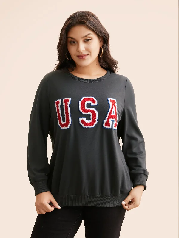 Striped SweatshirtsUSA Embroidered Patch Round Neck Sweatshirt