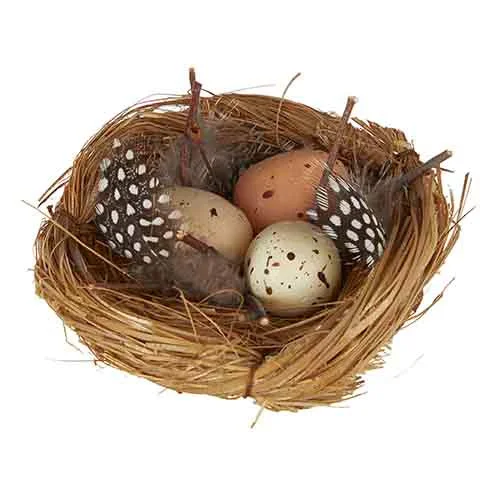 4" Feathered Bird Nest with 3 Faux Eggs Decoration