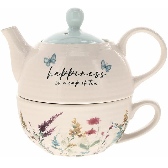 Meadows of Joy Butterfly Floral Tea for One 14.5 oz Teapot and 10 oz. Cup Happiness is a Cup of Tea