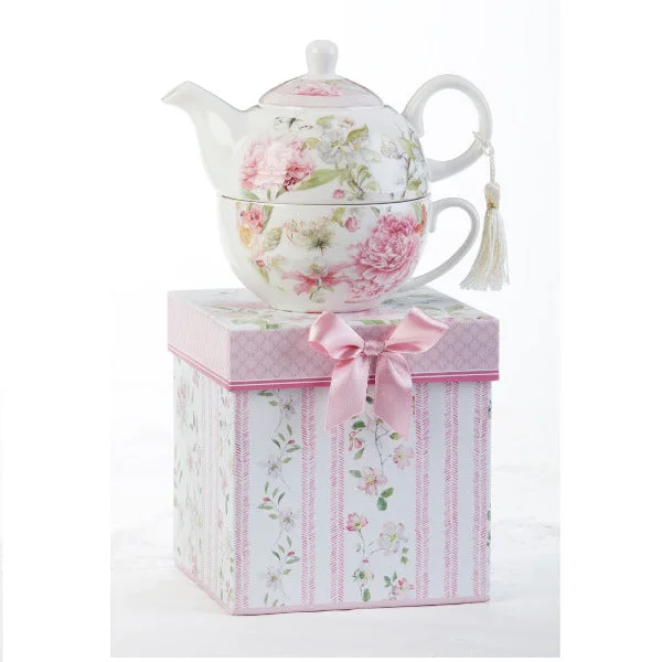 Porcelain Tea for One Pink Peony in Gift Box