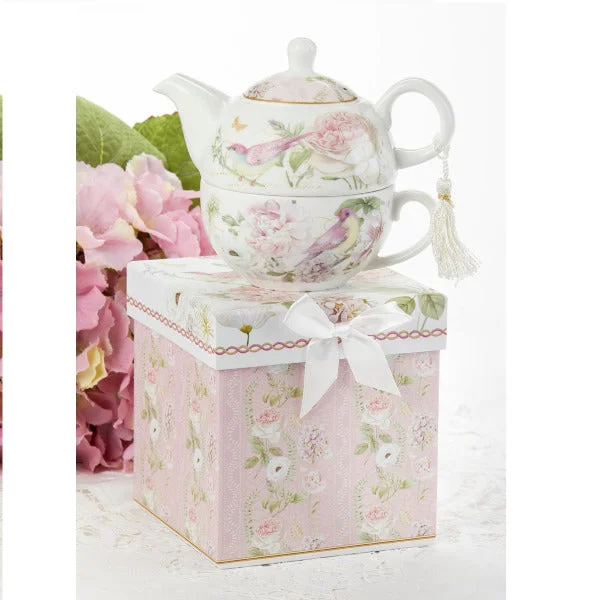 Porcelain Tea for One Pink Rose Bird in Gift Box