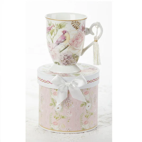 Porcelain Tea Mug Pink Rose Bird in Gift Box