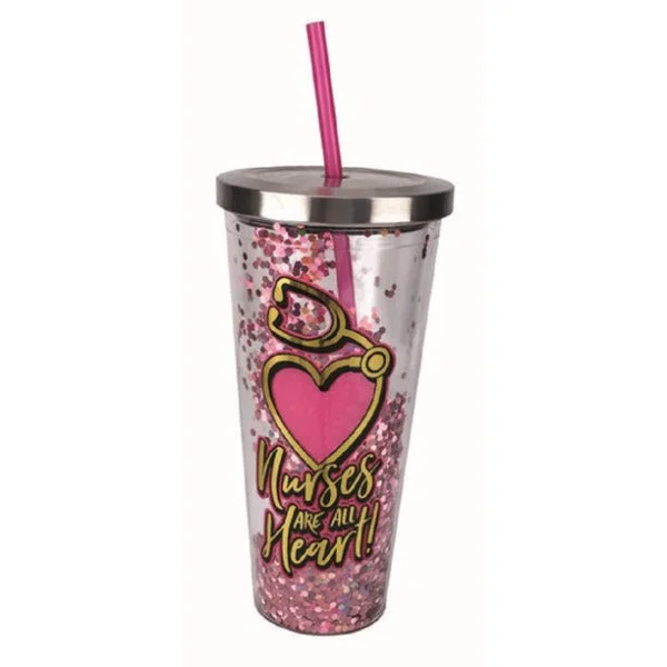 Nurses are All Heart Glitter Cup with Straw, Pink