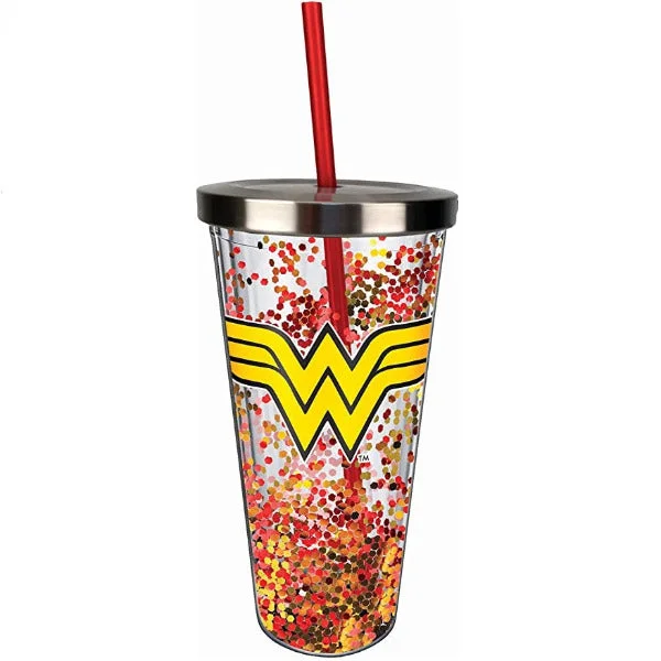 Wonder Woman Logo Glitter Cup w/Straw