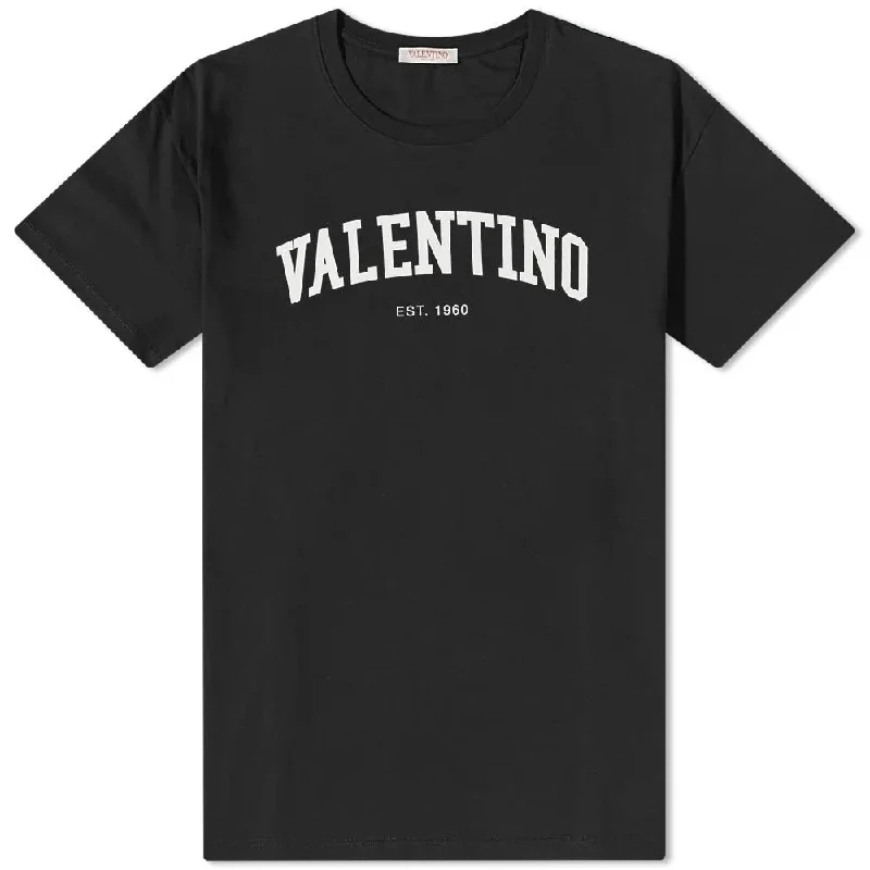 Fringed T-ShirtsValentino Garavani Black Men's Short Sleeve Crew Neck T-Shirt with White Logo