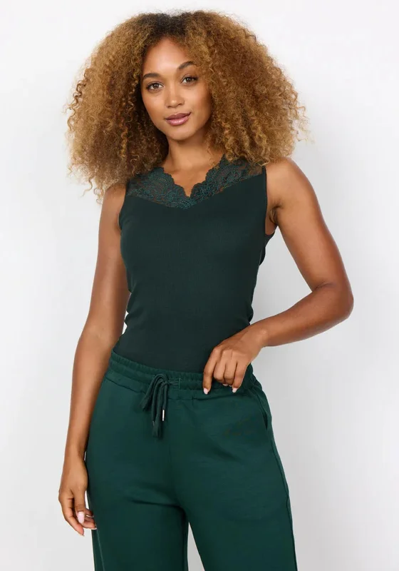 Soyaconcept Ryan Lace Trim Vest Top, Dark Green