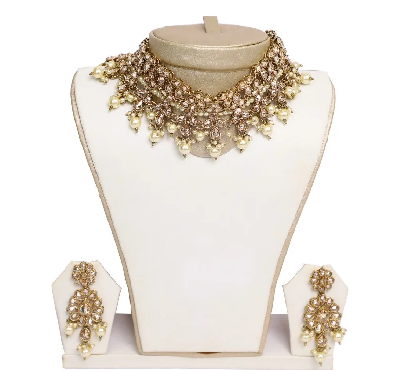 Exquisite Light Gold and Pearly Necklace set with Earrings -JW2032