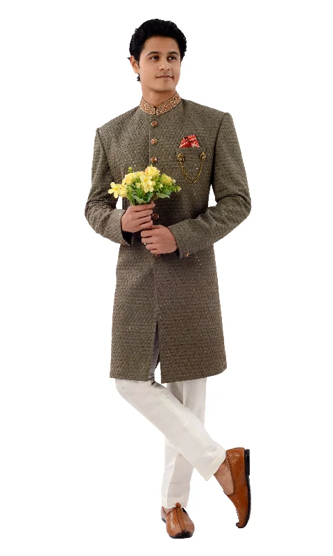 Olivaceous Beautiful Lucknowi Indo Western Sherwani Set -RK1234