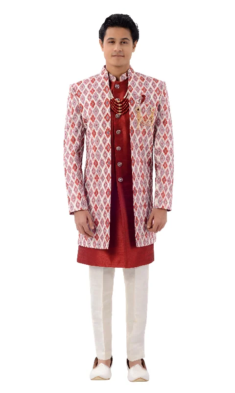 Royal Red Lucknowi Designer  Indo Western Sherwani Set With Tikki Work-RK1226