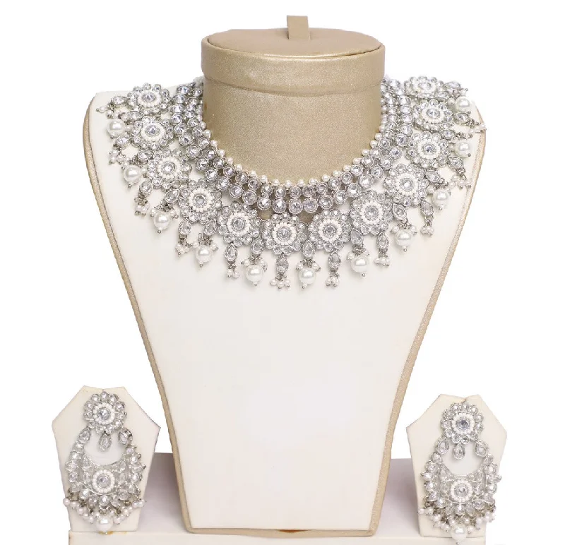 Luminous Silver Stone with White Pearls Necklace Set with Earrings and Tika- JW2038