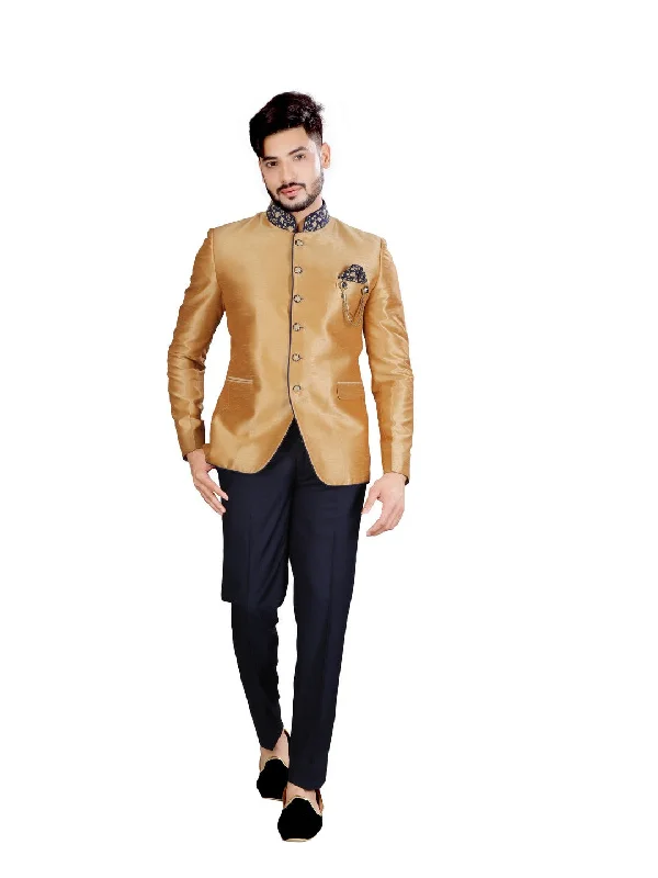 Simply Stunning Maharaja Gold And Navy Blue  Wedding Jodhpuri Printed Indian Suit Set For Men - RK3087SNT