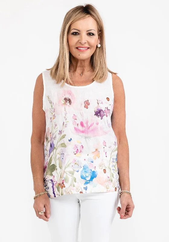 Dolcezza Linen Floral Vest Top, Off White