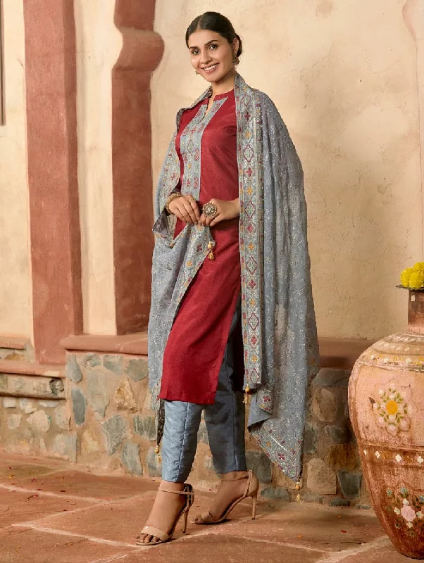 Embroidered Silk Suit Set 3596