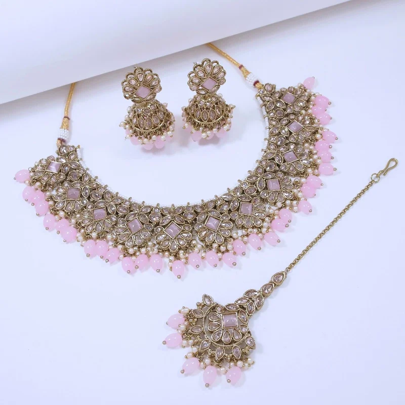 Rosy Glow Gold Jewelry Set With Earrings and Tika-SNTDC-27