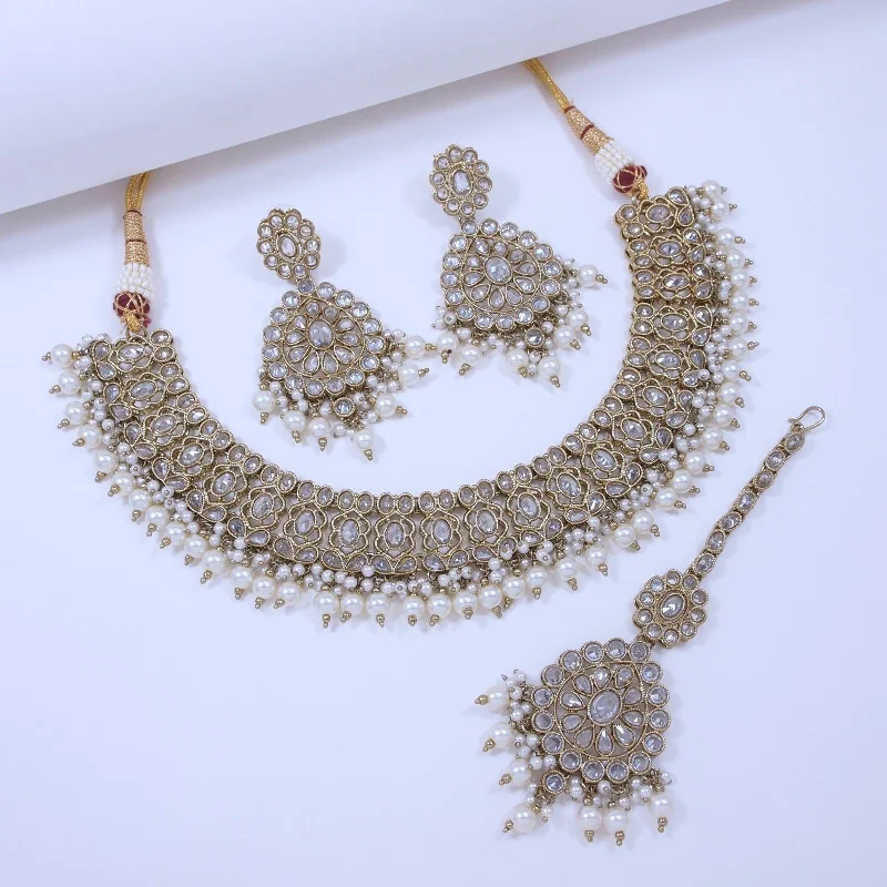 Golden Cascade Necklace Set With Earrings and Tika-SNTDC-21