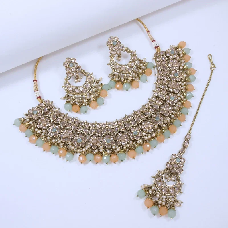 Celestial Radiance Glass Bead Necklace and Tika Set with Earring set-SNTDC-10