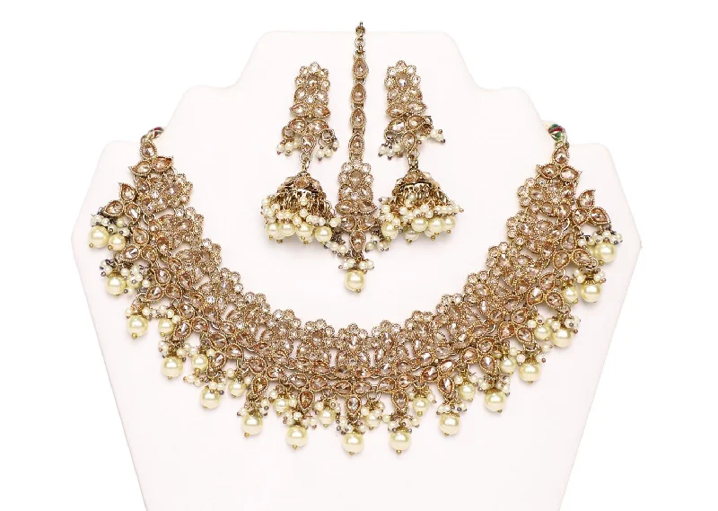 Mesmeric Shell-Pink Stones and White Pearls Necklace Set with Earrings and Tika-  JW2018