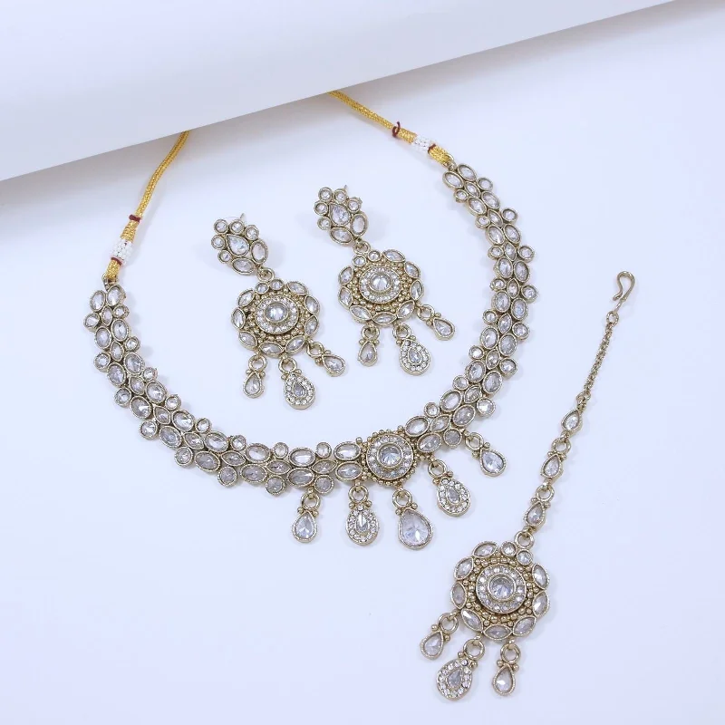 Crystal Clear White Stone and Gold Necklace Set-SNTDC-17