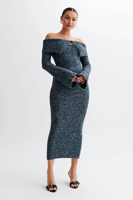 Baxter Off Shoulder Fluffy Knit Midi Dress - CharcoalProm Dress