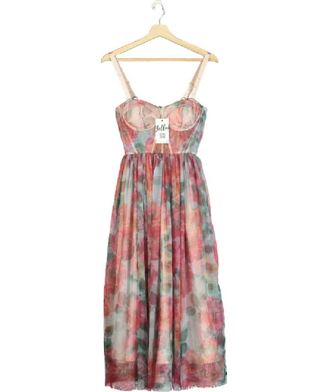 Bella Barnett Pink Floral Mesh Midi Dress UK SRain Dress