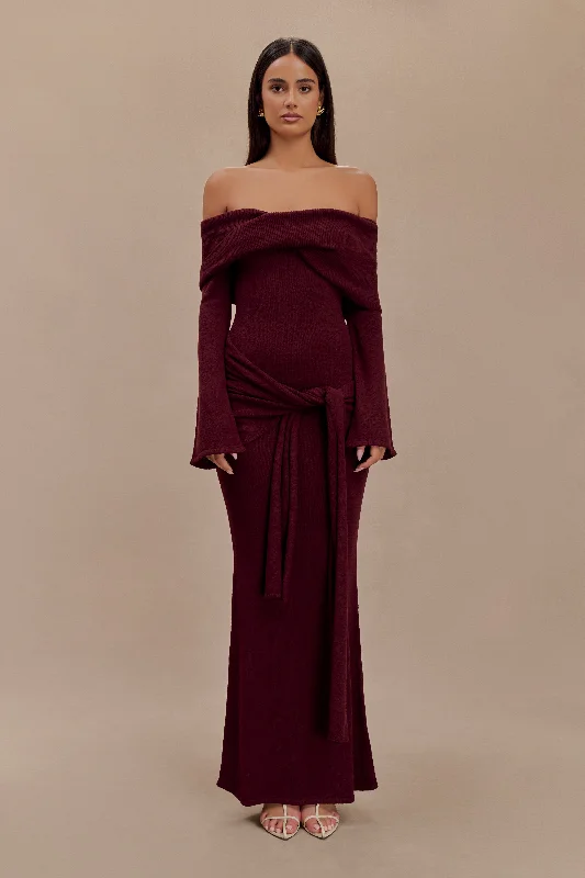 Cameron Off Shoulder Tie Maxi Dress - MerlotBall Gown