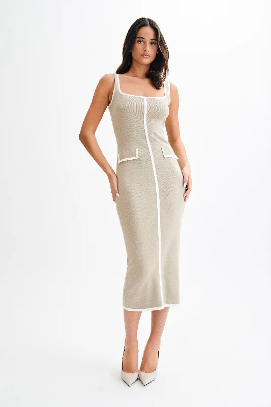 Eimear Contrast Knit Midi Dress - Taupe & IvoryPolka-dot Dress