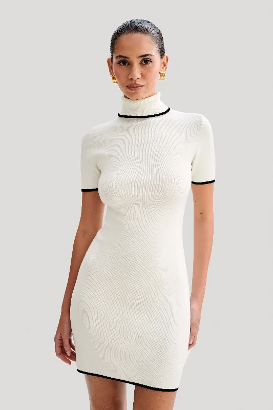 Hayley Turtleneck Contrast Knit Mini Dress - IvoryHigh-low Dress