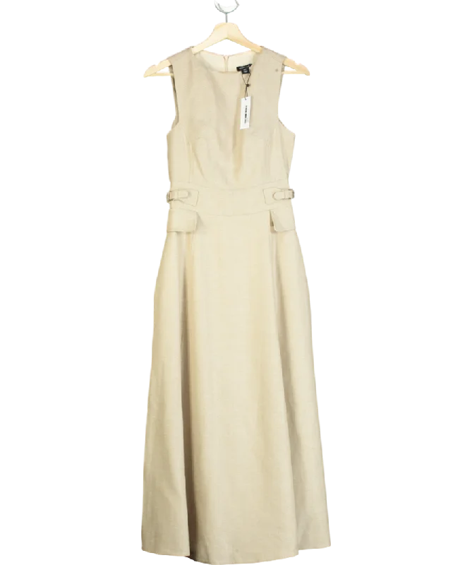 Karen Millen Beige Premium Linen Tab Waist Detail Full Skirt Tailored Midi Dress UK 6High-low Dress