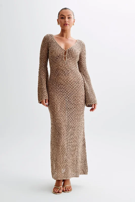 Kayleigh Crochet Fishtail Flare Sleeve Maxi Dress - TaupeUniform Dress