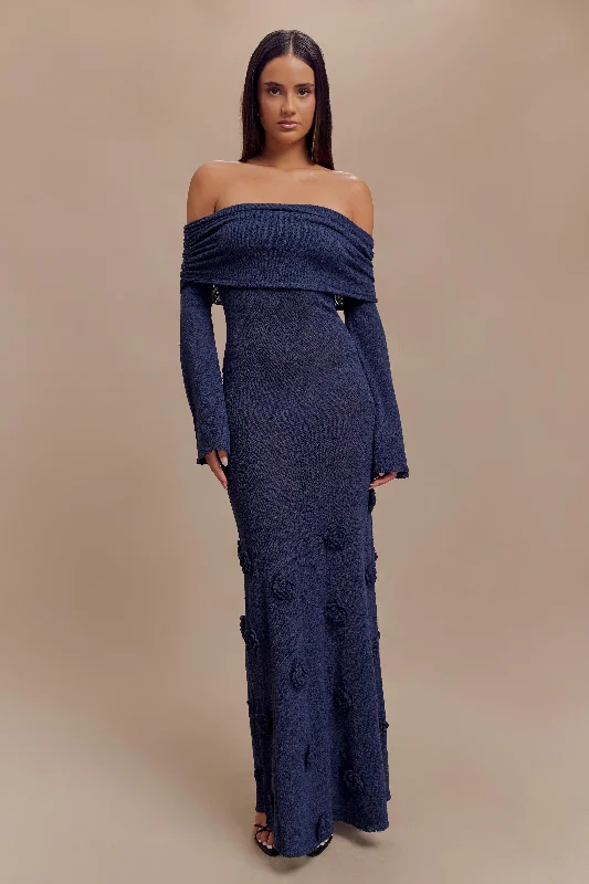 Kiki Off Shoulder Knit Rose Maxi Dress - NavyGolf Dress