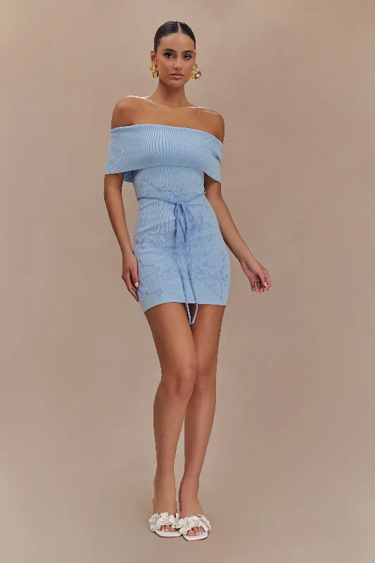 Mallory Off Shoulder Embroidered Knit Mini Dress - Ice BlueProm Dress