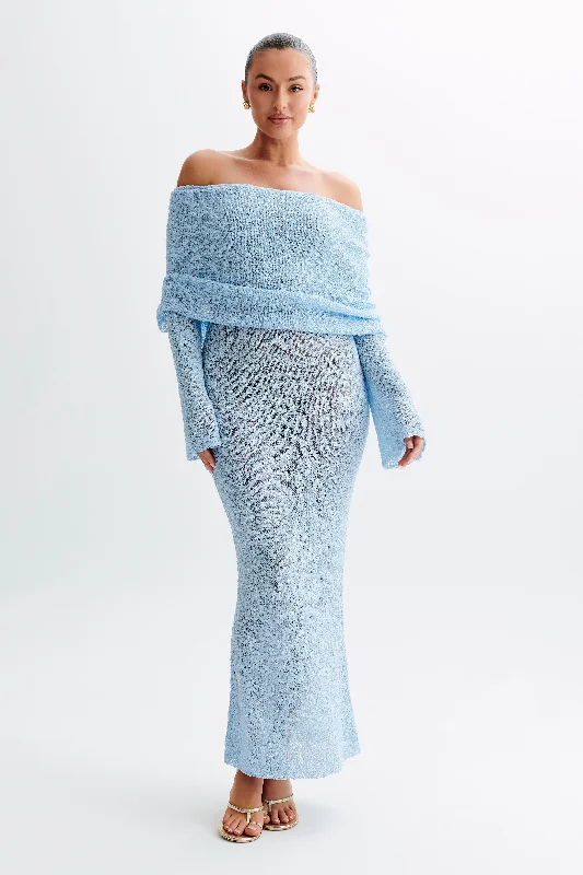 Marisol Off Shoulder Boucle Maxi Dress - Light BlueEvening Dress