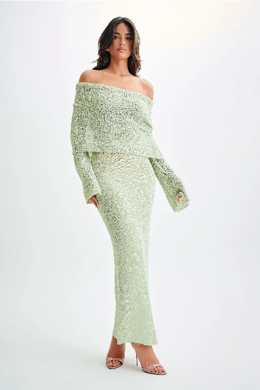 Marisol Off Shoulder Boucle Maxi Dress - Pastel GreenProm Dress