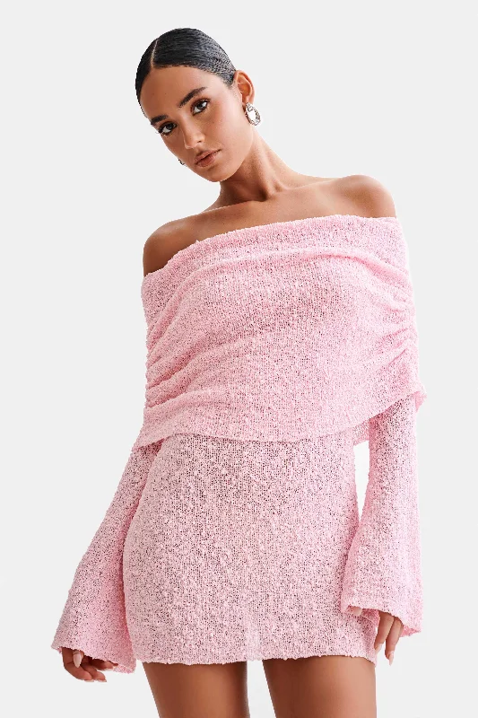 Marisol Off Shoulder Boucle Mini Dress - Baby PinkPuff-sleeve Dress