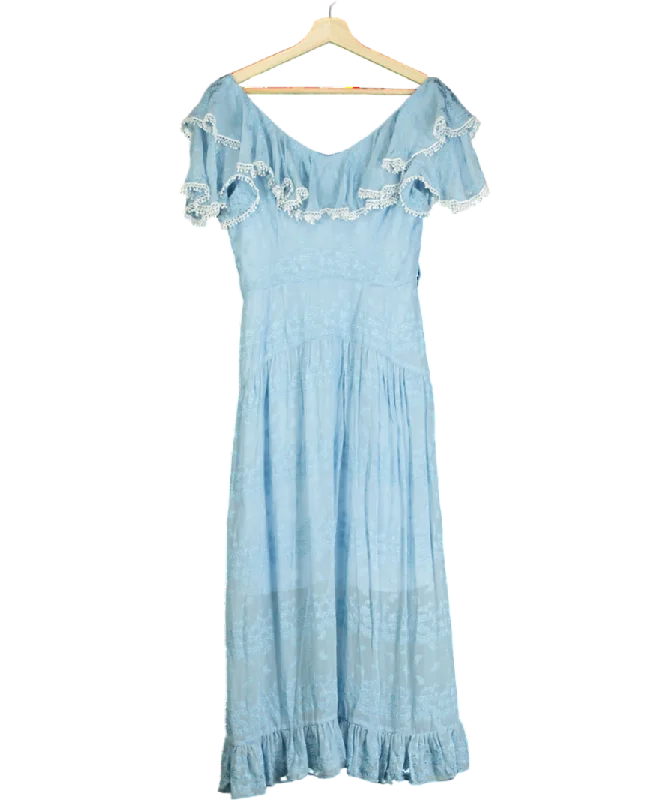 Perseverance London Blue Broderie Trim Floral Midi Dress UK 8Opaque Dress