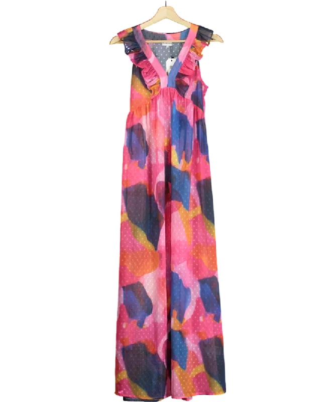 Pia Rossini Multicoloured Fuchsia Maxi Dress With Tropical Abstract Print And Ruffle Detail UK SBall Gown