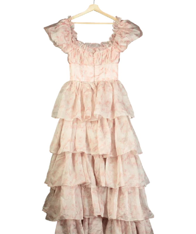 Pink Puff Sleeve Printed Mesh Tiered Maxi Dress UK 10Ballet Dress