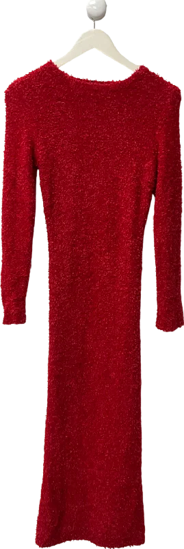 PrettyLittleThing Red Fuzzy Knit Long Sleeve Maxi Dress UK SSilk Dress