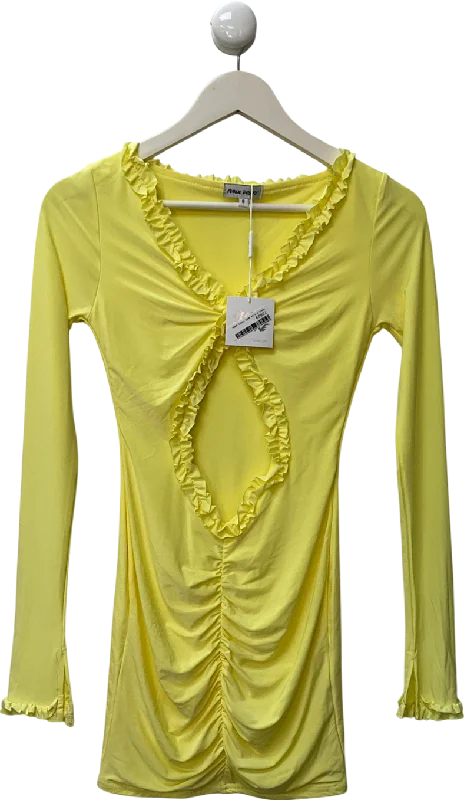 Public Desire Frill Detail Cut Out Ruched Mini Dress Yellow UK 8Ethnic Dress