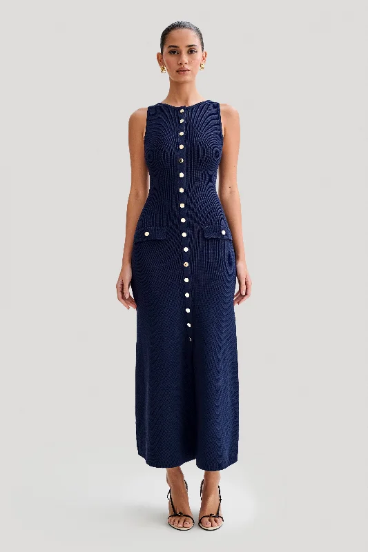 Sawyer Sleeveless Buttoned Maxi Dress - NavyCap-sleeve Dress