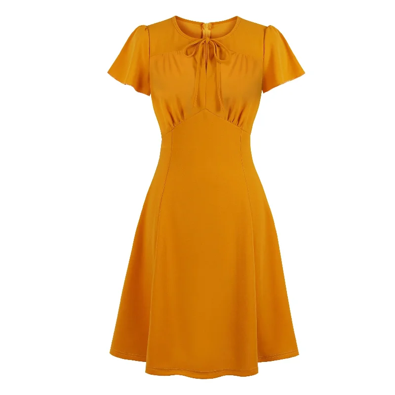 Vintage Dresses 50s 60s 40s 4xl Flare Sleeves Slit V Tie Neck Ruched Detail A Line Vintage Dress Yellow Mustard ElegantTunicTopMesa